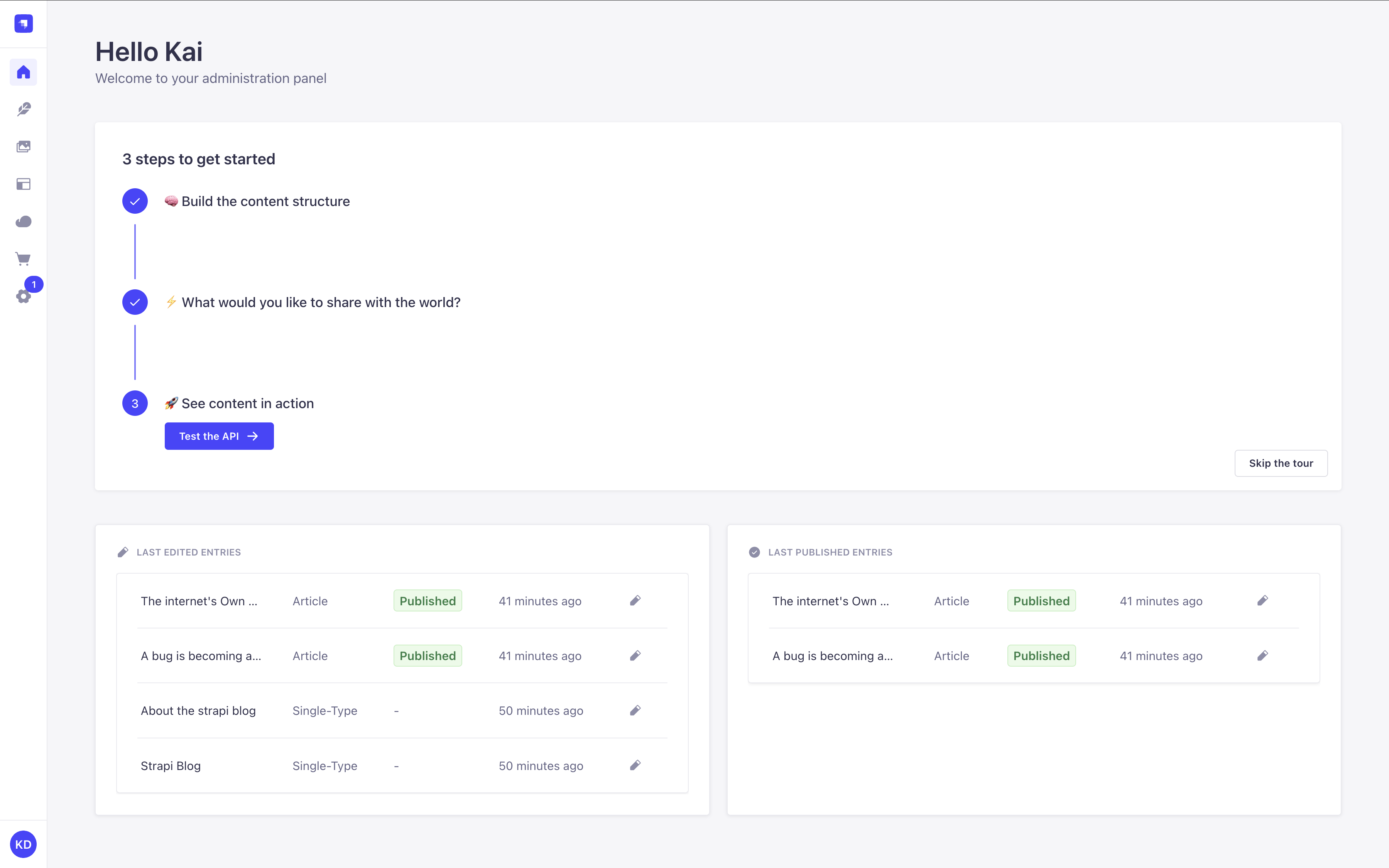 Homepage of the Admin Panel